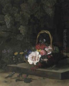 Kurv Med Brogede Blomster, I Baggrunden Vinl+v Kurv Med Brogede Blomster, I Baggrunden Vinl+v