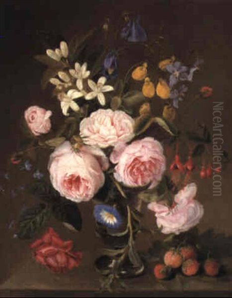 Flowers In A Vase With Strawberries On A Ledge - view 1