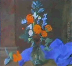 A Still Life Of Sweet Peas, Marigolds, Lichnis, Love-in-a-  Mist, Violas And Other Flowers In A Glass Vase... by Otto Didrik Ottesen