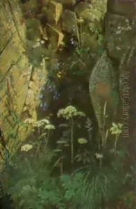 En Klippegrotte Pa Kullen. Gjedestue Kaldet, Omgivet Af     Markblomster