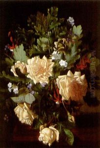 A Still Life With Yellow Roses And Fuchsia by Otto Didrik Ottesen