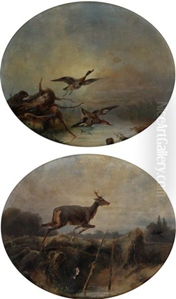 Hunting Scene With Couple Of Ducks Scared By A Beaver; Prancing Deer In Landscape (2 Works) - view 1