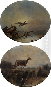 Hunting Scene With Couple Of Ducks Scared By A Beaver; Prancing Deer In Landscape (2 Works) Hunting Scene With Couple Of Ducks Scared By A Beaver; Prancing Deer In Landscape (2 Works)