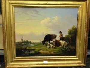 Troupeau Et Son Vacher Dans Un Paysage Au Moulin