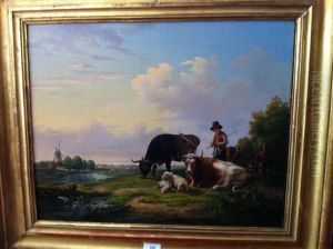 Troupeau Et Son Vacher Dans Un Paysage Au Moulin by August Ferdinand Ottevaere