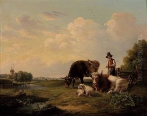 Hollandische Landschaft Mit Windmuhle Und Weidevieh by August Ferdinand Ottevaere