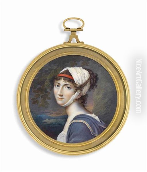 Marie-victoire Jaquotot (1772-1855), In White Dress, Floral-trimmed Mauve Shawl, Wearing A White Headscarf Wrapped Around Her Upswept Hair And Another Red Headband; Foliate Landscape Background (after Etienne-charles Le Guay) - view 1