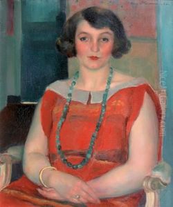 Jeune Femme Assise A La Robe Rouge, 1924 by Henri Ottmann