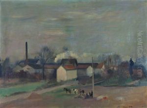 Vue D'un Village Animee De Chevaux Et Personnages by Henri Ottmann