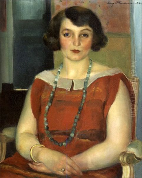 Femme Assise Au Collier De Perles Vertes - view 1