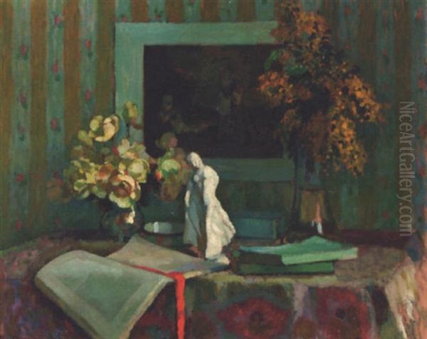 A Chinese Ornament With Books, And Vases Of Flowers On A Table - view 1