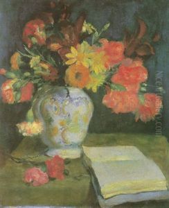 Nature Morte Au Vase De Fleurs Et Au Livre by Henri Ottmann