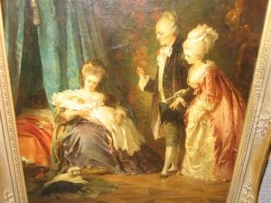 Lavish Bedroom Interior With New Mother Holding Baby And Couple Looking On by Carl Otto