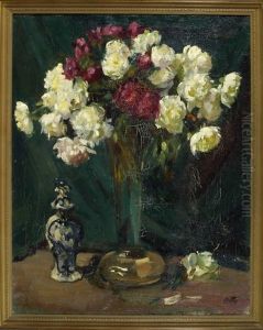 Langstielige Glasvase Mit Pfingstrosen Und Einer Deckelvase Vor Dunklem Hintergrund by Johanna Otto