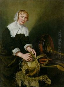 A Servant Girl Scouring A Brass Bucket by Willem van Oudekerken