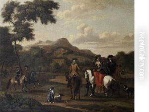 Elegant Figures On Horseback On A Country Path by Evert Oudendijck