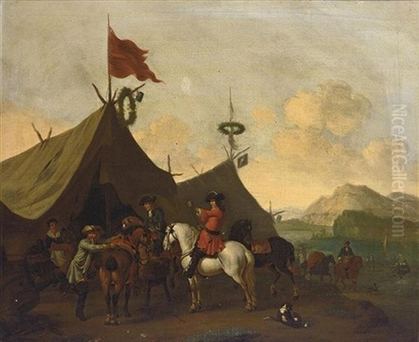 Soldiers Resting Outside Their Encampment In An Italianate Landscape (+ A Cavalry Battle Scene In An Italianate Landscape; Pair) - view 1