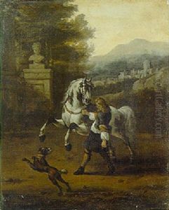 A Page Holding A Grey In Classical Garden, A Landscape Beyond by Evert Oudendijck