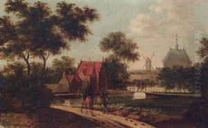 Travellers On A Track Before A Canal, A Mansion And Windmill Beyond