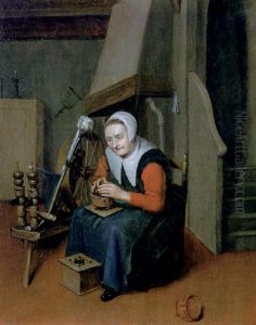 An Interior With An Old Woman Seated At A Spinning Wheel Warming Her Hands Over A Brazier