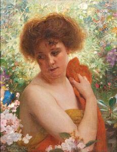 Buste D"une Femme A Moitie Nue Dans Un Jardin De Plantes Avec Papillons