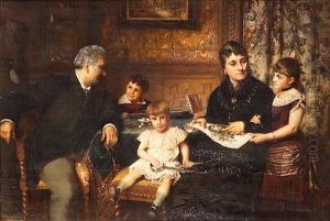A Portrait Of A Family Gathered Around A Table by Pierre Jan van der Ouderaa