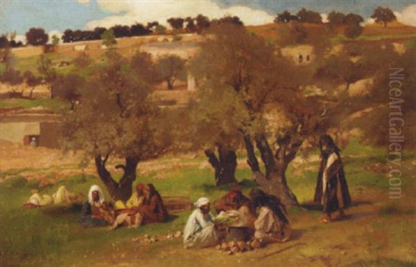 Arab Figures Seated With Their Harvest Beyond The Village - view 1