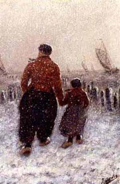 Volendammers Walking In The Snow - view 1
