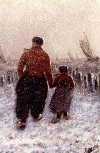 Volendammers Walking In The Snow by Jacob Oudes Sr.