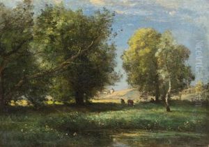 Cattle In Sunny Meadow by Achille Francois Oudinot