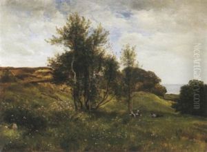 An Extensive Seaside View With Children Playing In The Foreground by Achille Francois Oudinot