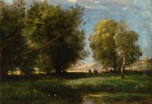 Cattle In A Sunlit Meadow by Achille Francois Oudinot