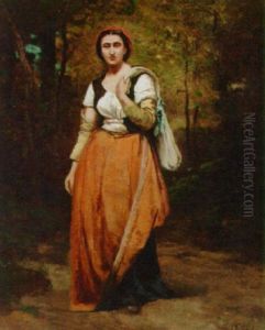 A Woman On A Path In A Wooded Landscape by Achille Francois Oudinot