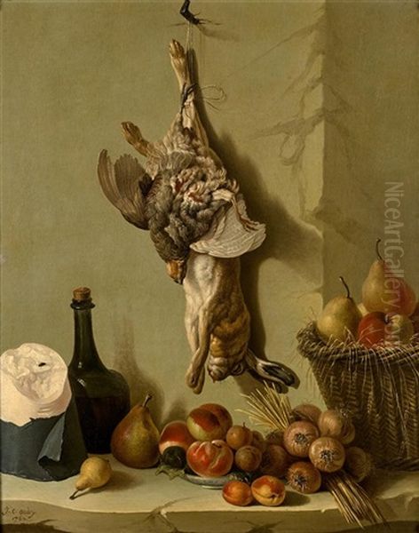 Nature Morte Au Lievre Et Perdrix Suspendus Au-dessus D'un Entablement Ou Sont Disposes Une Jatte De Fruits, Une Bouteille Et Un Pain De Suc - view 1