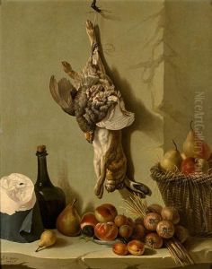 Nature Morte Au Lievre Et Perdrix Suspendus Au-dessus D'un Entablement Ou Sont Disposes Une Jatte De Fruits, Une Bouteille Et Un Pain De Suc by Jacques Charles Oudry