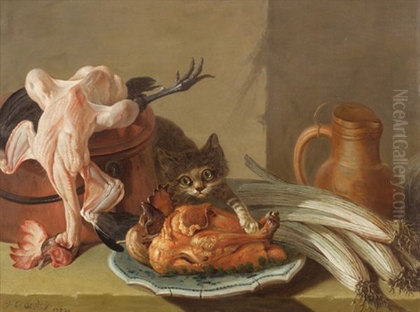 Kuchenstillleben Mit Junger Katze, An Einem Gebratenen Hahnchen Naschend - view 1