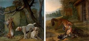 Renard Devorant Une Poule Et Trophee De Chasse Avec Des Chiens (pair) by Jacques Charles Oudry