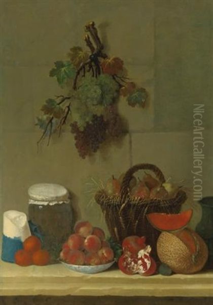 A Still Life With A Wheat Lined Basket Of Pears, A Jug, A Melon, A Bowl Of Peaches, Oranges, Cheese And A Jar Of Cherries On A Ledge, Bunches Of Grapes Hanging Above - view 1