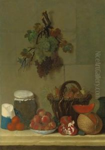 A Still Life With A Wheat Lined Basket Of Pears, A Jug, A Melon, A Bowl Of Peaches, Oranges, Cheese And A Jar Of Cherries On A Ledge, Bunches Of Grapes Hanging Above by Jacques Charles Oudry