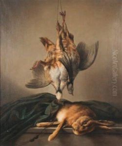 Nature-morte Aux Deux Perdrix Suspendues Et Lievre Recouvert D'un Drape Sur Un Entablement De Pierre
