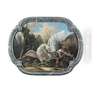 Chien Barbet Attaquant Un Cygne (+ Epagneul A L'arret Devant Deux Perdreaux Gris; Pair)