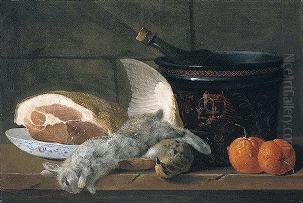 Still Life With A Ham, A Porcelain Bowl, A Chinoiserie Pot, Two Oranges, A Rabbit And A Partridge, Together On A Wooden Table - view 1