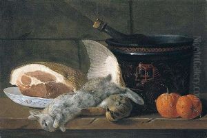 Still Life With A Ham, A Porcelain Bowl, A Chinoiserie Pot, Two Oranges, A Rabbit And A Partridge, Together On A Wooden Table by Jacques Charles Oudry