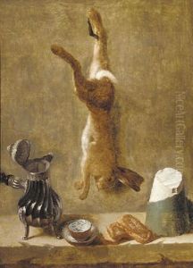 A Dead Hare Hanging From A Nail With Coffee Pot, Cup And Saucer, Pastries And A Block Of Salt On A Ledge by Jacques Charles Oudry