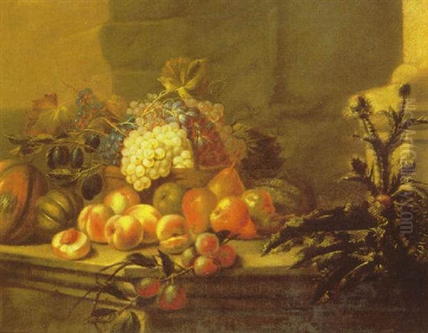 A Still Life Of A Basket Of Grapes With A Flowering Thistle Beside Pears, Plums, Peaches And Melons On A Stone Ledge - view 1