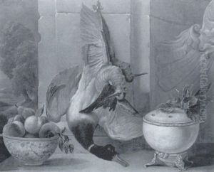Nature Morte Aux Col Vert Et Becasse, Pot Pourri Et Bol De Peches by Jacques Charles Oudry