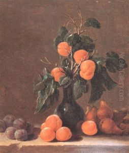 Still Life Of A Sprig Of Apricots In A Glass Vase