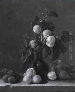 Sprigs Of Apricot In A Glass Vase With Fruit On A Stone Ledge Sprigs Of Apricot In A Glass Vase With Fruit On A Stone Ledge