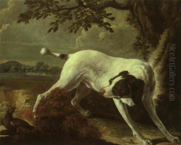 Chien A L'arret Sur Deux Perdreaux - view 1
