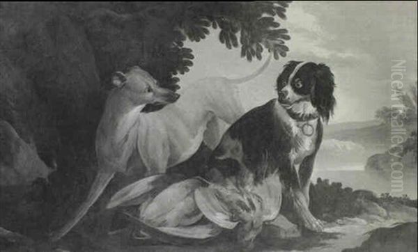 A Long Dog And A Spaniel With A Duck And A Partridge In A   Landscape - view 1